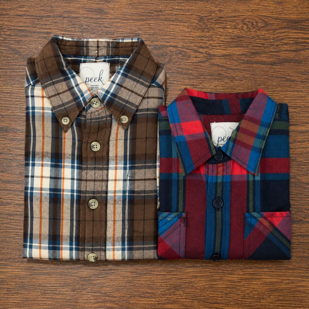 Peek Long Sleeve Button Down Flannel Plaid Shirts Kids Youth  M (6-7) Lot of 2